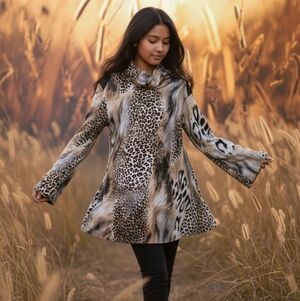 EUC Mechant Black Tan Animal Print Cowl Neck Tunic